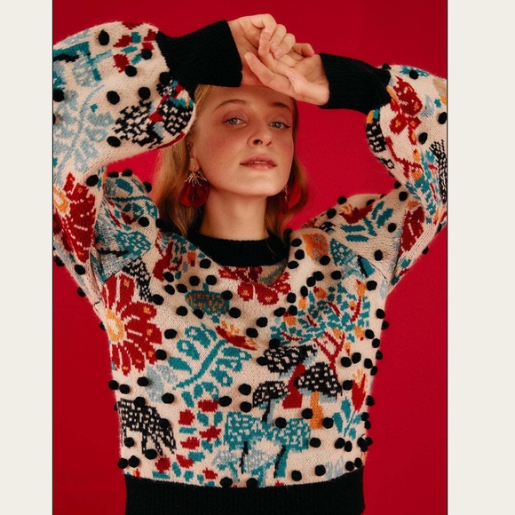 NWT Farm Rio Mushroom Forest Puff Sleeve Sweater, Size S - Picture 2 of 10